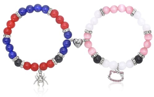 VINEST 1 Paar Herzförmig Magnetische Matching Bracelets, Elastisches Katze Armband, Perlen Fernbeziehung Armband mit Aufhängebox, Long Distance Bracelet für Paare und Bester Freund
