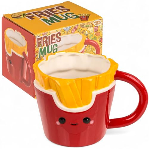 MIJOMA Kawaii Dolomit-Becher Fries 420 ml – 3D-Relief mit Gesicht – glasiert und standfest – für Kaffee Tee Kakao