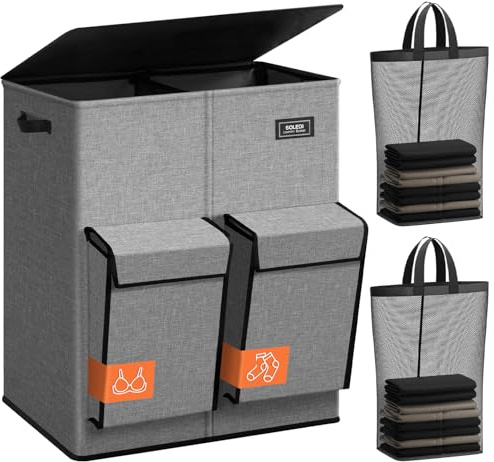SOLEDI 180L Wäschekorb mit Deckel, Wäschesammler 2 Fächer mit 2 Seitentaschen, Laundr Baskets mit 2 Wäschesack, Wäschesortierer Groß XXXL für Badezimmer, Schlafzimmer, Waschküche