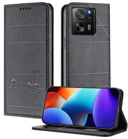 XINYEXIN Leder Hülle für Xiaomi 13T Pro 5G/13T 5G | Schwarz, Klapphülle, RFID-Schutz, Kartenfach, Verdecktem Magnetverschluss und Standfunktion, Stoßfest