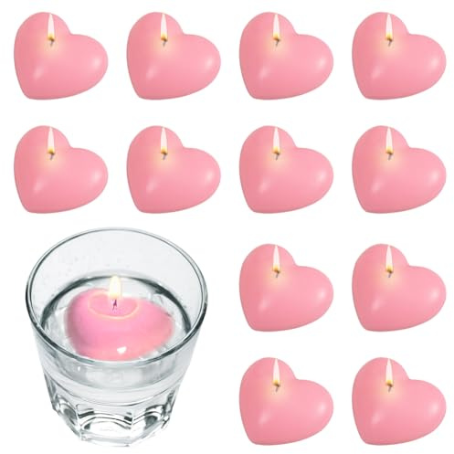 12 Stück Schwimmkerzen, Bunte Herzform Schwimmende Kerzen, Unparfümierte Schwimmkerzen, Wasserkerzen Schwimmkerze für Hochzeiten, Partys, Badewannen, Valentinstag Deko, Pools, Spas (Rosa)