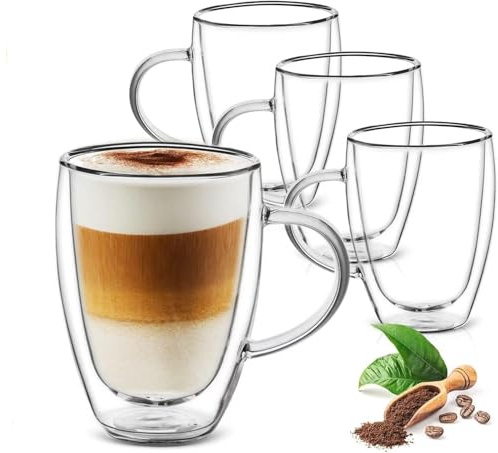 4 PCS Double Walled Glass Mug Set, 350ml Double Walled Insulated Coffee Cups with Handle, Cappuccino Cups, Insulated Layer Coffee Cups, Clear Drinking Glass Mugs for Latte, Cappuccinos, Tea Bag, Juice