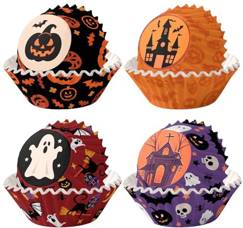 MOMAHUA 200 Stück Halloween Muffinförmchen Papier, Schwarzer Kürbis/Lila Haus/Roter Geist/Oranges Haus Muffins Backförmchen, Papierbackförmchen Muffin Cupcake Liners Wrapper für Backen Dessert Party