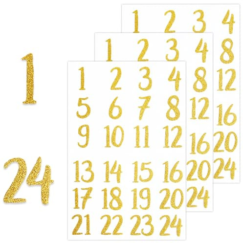 Aufkleber Glitzer Zahlen, Adventskalender Zahlen Dekoration, Selbstklebend Nummern Aufkleber, Nummern Sticker Deko, Adventskalender Sticker Dekoration, für Scrapbooking DIY Handwerk