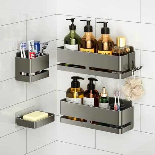 YESENT Bathroom Shower Caddy,No Drill Shower Shelves(5-piece Set-Grey) | Wall-mounted shelf with soap dish and toothbrush holder, ideal for bathroom storage and also suitable for kitchen