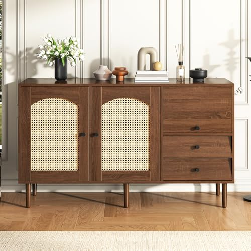 Merax Rattan Sideboard Kommode Wohnzimmer mit 2 Rattantür und 2 Schubladen, Sideboard Holz Buffet Küchenschrank mit verstellbare Einlegeböden, Magnetverschluss, Walnuss/130x40x75.5cm