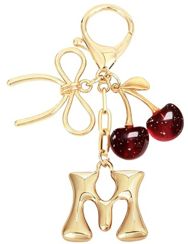 Snylcce Goldener Bubble Buchstabe Dunkelrot M Schlüsselanhänger mit Schleife und Kirsche Süße Taschenanhänger für Damen