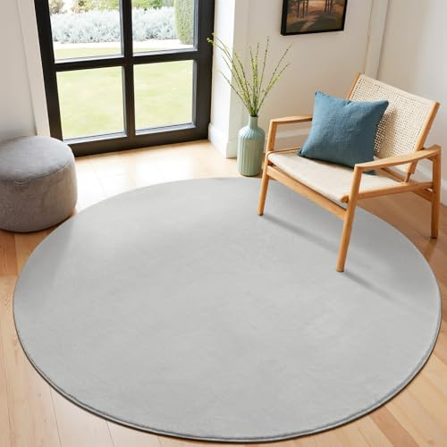 SHACOS Silbergrau Teppich Rund 100 cm Fellteppich Kunstfell Teppich Flauschig Weicher Wohnzimmerteppich Waschbar Teppiche Anti-Rutsch-Rückseite, Felloptik, Für Fußbodenheizung geeignet