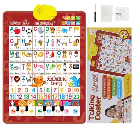 Grafico da parete con alfabeto - Poster bilingue parlante, strumento di apprendimento interattivo, grafico musicale per bambini, display educativo spagnolo inglese con design colorato | Parete bilingu