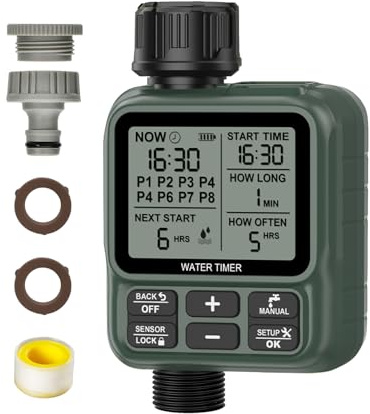 Shrivee Programador de Riego a Batería 1 Vía Automático Sensor de Lluvia Temporizador de Riego para Jardín/Césped/Huerto/Macetas