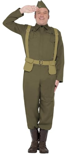 Smiffys Disfraz de soldado raso del cuerpo de voluntarios de la 2ª Guerra Mundial, pantalones, espinilleras, chaqueta, gorra y cinturón arnés Halloween, Carnaval