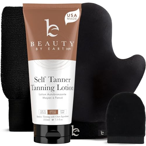 Self Tanner & Tanning Application Kit - Bundle of Sunless Tanning Lotion Made With Natural & Organic Ingredients, Exfoliation Mitt, Body and Face Applicator Glove for a Professional Self Tan