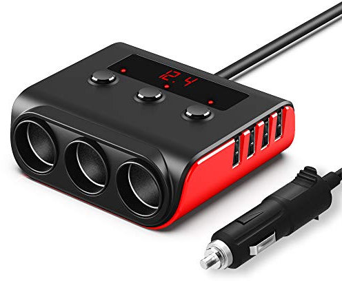 Auto Ladegerät Adapter, SONRU 3 Fach KFZ Zigarettenanzünder Verteiler mit 4 USB Ports, 120W 12V/24V DC Mehrfach Steckdose Splitter mit LED Voltmeter Getrennte Schalter für GPS/Dash Cam/Telefon