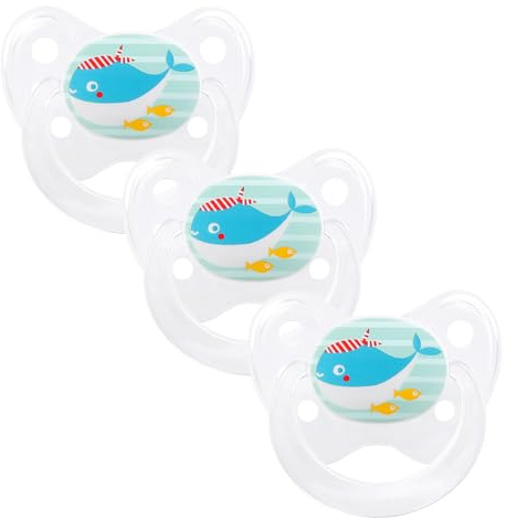 dentistar Silikon Schnuller 3er-Set - Größe 2, 6-14 Monate - Zahn- & kieferfreundlicher Nuckel mit Dental-Stufe – BPA-frei – Made in Germany - Wal, Transparent