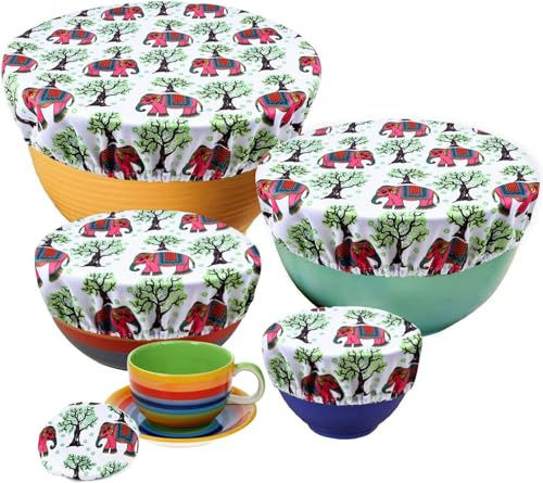 PHOGARY 5 pezzi di coperchi per alimenti, riutilizzabili, in tessuto, coperchi per pentole con elastico, coperchi elastici in tessuto impermeabile per insalatiere di vetro, pentole (Elefante)