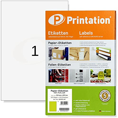 Printation 210 x 297 mm Power Etiketten Haft-PLUS stark haftend, selbstklebend bedruckbar - 100 Blatt DIN A4 210x297 Universal Klebeetiketten weiß Papier Labels/Aufkleber/Stickerpapier 3478 6119 4631