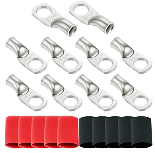 Ampper Heavy Duty Tinned Copper Wire Lugs, UL Tubular Eyelets Ring Crimp Copper Terminal Connectors W/ 10 Pcs Heat Shrink Tubing for Battery Cable Ends and More (4 Awg, 5/16 Ring, 10 Pcs)