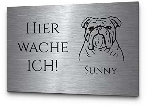 Hundewarnschild personalisierbar Englische Bulldogge Vorsicht Hund Hier wache ich | Gravur auf Edelstahl rechteckig | Hinweisschild wetterfest für draußen Hundezubehör