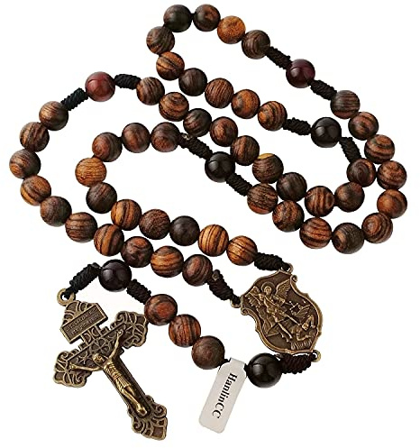 HanlinCC 10mm Handmade Solid Wood Beads with Agate Stone Our Father Beads Catholic Rosary Necklace for Men with St.Michael Center Piece and Pardon Crucifix (Anti-Bronze St.Michael Rosary)