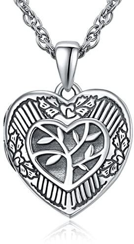 KINGWHYTE Collier médaillon arbre de vie en argent sterling 925 pouvant contenir des photos en forme de cœur arbre généalogique bijoux cadeaux pour homme et femme