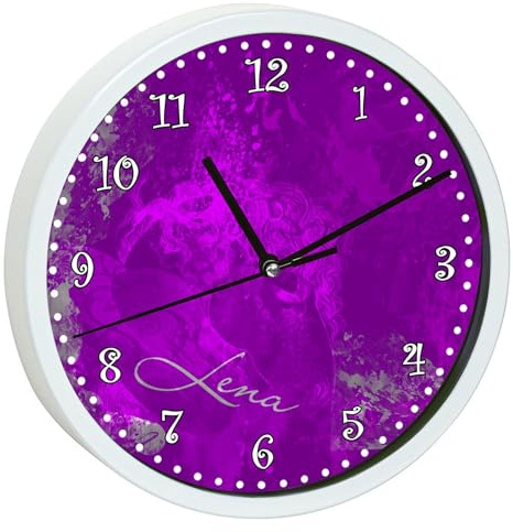 CreaDesign, Wanduhr Kinder personalisiert mit Name, Motiv Traum lila, Rahmen Wanduhr weiß, Ø 19,5 cm