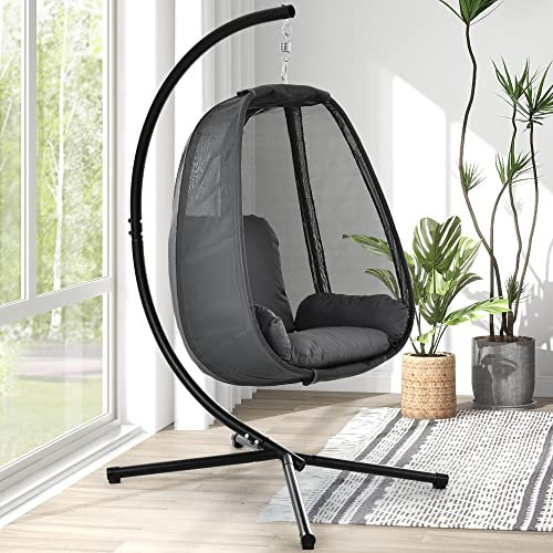 Mingfuxin Swing Egg Chair Garden Patio Indoor Outdoor Hängesessel mit Kissen und wasserdichtem Bezug, Outdoor Patio Stand Veranda Lounge Egg Hängematte Stuhl (Grau)