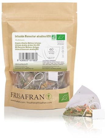 FRISAFRAN | Infuso Alcalino Biologico di Benessere in piramidi 60Un | 120g | Tè alcalino | Infuso salutare | Antiossidanti | Digestivo | Mineralizzato | Salute e Benessere | tisana alcalina | Relax