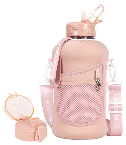 KCATDREY Half Gallon Water Bottle with Straw and Sleeve 74oz /2.2L BPA Free Leakproof Reusable Big Water Jug with Strap & Handle, for Gym Sports Workout Outdoor (Rude Pink)