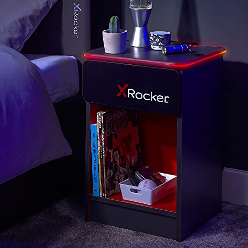 X-Rocker Carbon-Tek 36cm Width, RGB LED Bedside Table & Drawer - Neo Fibre Lighting, Wireless Charging, Storage Shelf, Durable Wooden Frame for Kids & Teens - Grey & Red