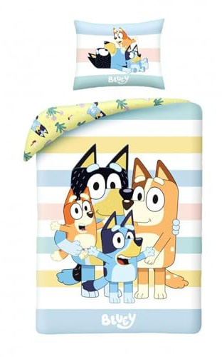 Halantex Bluey Family Juego de Funda Nórdica y Funda de Almohada Individual, 100% Algodón, Edredón con Funda de Almohada, Juego de Edredón Reversible para Niños, Cómodo y Transpirable, Lindo Diseño