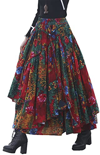 Skirts for Womens Elastic High Waisted Aline Printed Floral Vintage Retro Pleated Maxi Fall Winter Long Skirts(Print 4, L)