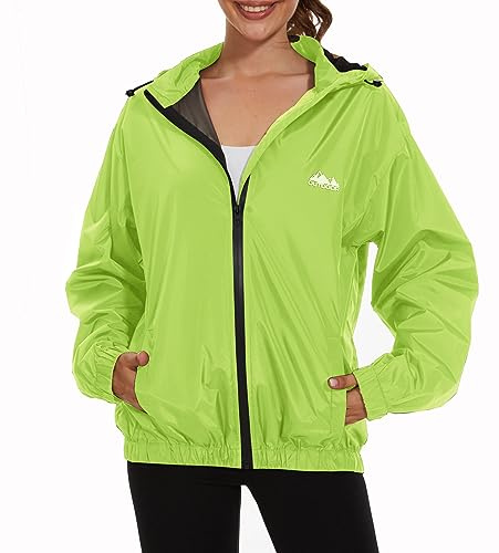 OSTOO Women's Running Cycling Lightweight Rain Jacket Waterproof with Hood Hiking Wind Breakers Pullover, Luorescent Green, M