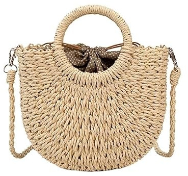 Strohtasche,Strandtasche Sommer-Stroh-Strandtasche, handgefertigt, rund, for Damen, Schultertaschen, Bast, Kreis, Rattan-Taschen, böhmische, lässige, gewebte Korb-Handtaschen (Color : Beige, Size :