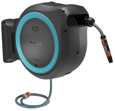 Gardena Akku-Wand-Schlauchbox PowerRoll XL Ready-to-use-Set: Automatischer Schlauchaufroller mit 35 m Gartenschlauch, Schlauchführung und RollControll, Komplett-Set mit Akku (18640-20)