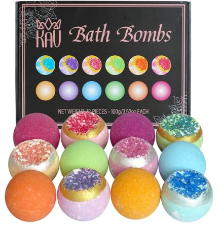 KAV Bath Bombs for Women — Natural Geode Bathbombs for Girls, Tweens | Set of 12 Organic Bath Bomb Giftset with Various Scents and Colors, Moisturizing Spa Fizzies — Essential Oil Infused Gift-Ready