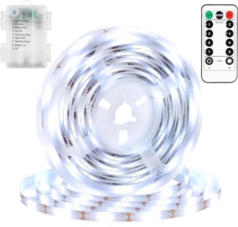 DBFAIRY Striscia LED da 2 m, funzionamento a batteria, 60 strisce LED con timer a distanza, autoadesive per TV, camera da letto, casa, feste, decorazione (bianco)