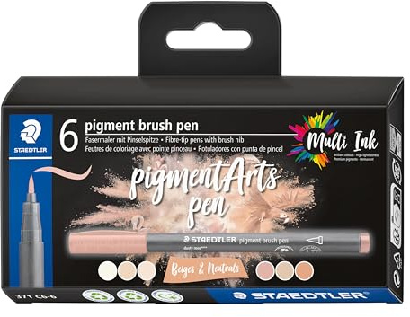 STAEDTLER Pigment Brush Pen 371 – 6er Set, Beige & Neutrals | Pinselspitze, wasserfeste Multi Ink Tusche, lichtbeständig – Lettering – Art.-Nr. 371 C6-6
