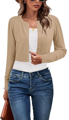 Newshows Cropped Cardigan Sweaters for Women 2025 Crew Neck Button Down Open Front Lightweight Knit Bolero Shrug Sweaters(Apricot, Small)