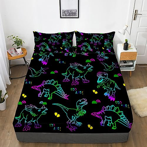 Gusuhome Dinosaurs Bed Sheets Full Size for Boys 3D Colorful Jurassic Dinosaur Fitted Sheets Set for Kids and Teens Soft Microfiber Bedding with Pillowcase (1 Fitted Sheet + 2 Pillow Cases)
