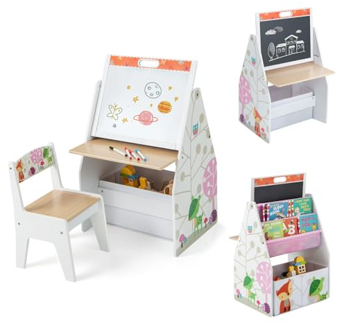 Costzon 3 in 1 Kids Easel with Chair, Wooden Art Table with Adjustable Double-Sided Magnetic Whiteboard & Blackboard, Bookshelf, Storage Bin, Kids Table and Chair Set for Drawing, Writing (White)