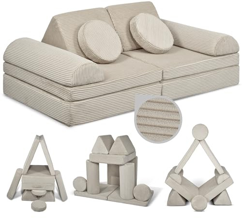 Linodino® Spielsofa Cord, Kindersofa-Bausteine, Kindercouch, Stapelsteine | Oeko Tex & spiel gut, formstabil & langlebig, waschbare Bezüge, wasserfeste Unterbezüge, verstärkte Nähte & Tragegriffe