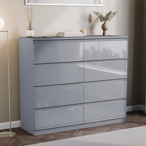 Vida Designs Glinton 8 Drawer Chest of Drawers | Grey | 95.5H x 100W x 35D cm | Stylish High-Gloss | Space-Saving Storage | Smooth Metal Runner | Modern Bedroom Furniture Kids or Guest Room Unit