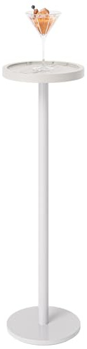 KJGKK Mesa auxiliar con pedestal para bebidas, mesa auxiliar redonda para cóctel con base de metal para espacios pequeños, parte superior de mármol sintético, color blanco