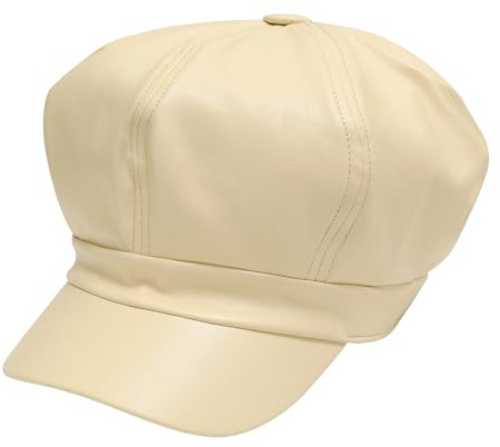 ZLYC Unisex PU-läder ballongmössa toppmössa retro klassisk åttakantig mössa vinter baskermössor, Enfärgad beige, one size