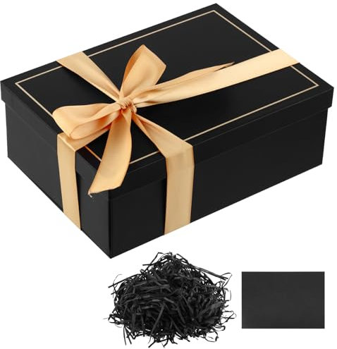Geschenkbox mit Deckel,21.5 x 15.5 x 7.5cm Schwarze Geschenkbox Geschenkschachtel mit Deckel Band Raffia Grußkarten Geschenkbox Geburtstag Gift Box für Geburtstag Hochzeit Valentinstag Weihnachten