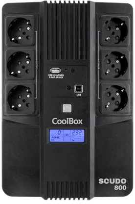 CoolBox SCUDO3 SAI 800VA Sistema de Alimentación Ininterrumpida UPS 800A/480W con Pantalla LCD, 8 Minutos de Autonomía, 6 Tomas Schuko 1 Puerto USB, 2 Puertos RJ-45 (In & out), Software de Control