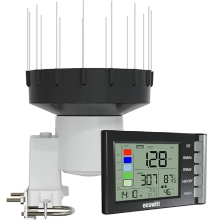 ECOWITT WH5360H - Pluviómetro digital 3 en 1 de alta precisión para el hogar con termómetro interior, higrómetro de lluvia, pluviómetro para exteriores para registrar la precipitación con pico de