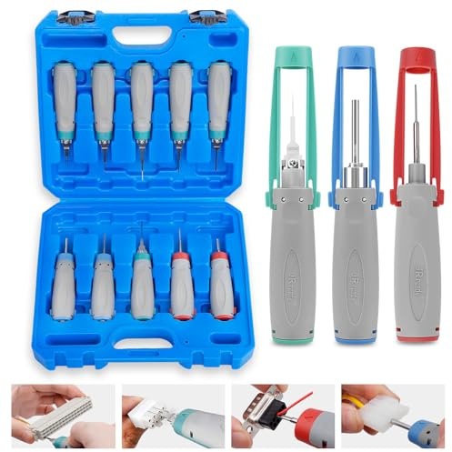 JRready JRconDRK24A10-01 Kit de 10 Outils de débrochage, extracteurs de Broches et de Contacts pour connecteurs AMP, Harting Han D, WAIN, Delphi et Molex, avec Mallette