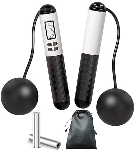 TirEurt Cordless Skipping Rope Smart Digital Wireless Skipping Rope Adjustable Weights/Length Jumping Rope with Calorie Counter For Adults Fitness Workout Equipment for Women Men Kids（Black White）