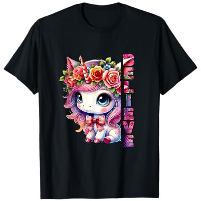Believe Einhorn Blumenkrone Kawaii Große Augen Fantasy Magic T-Shirt